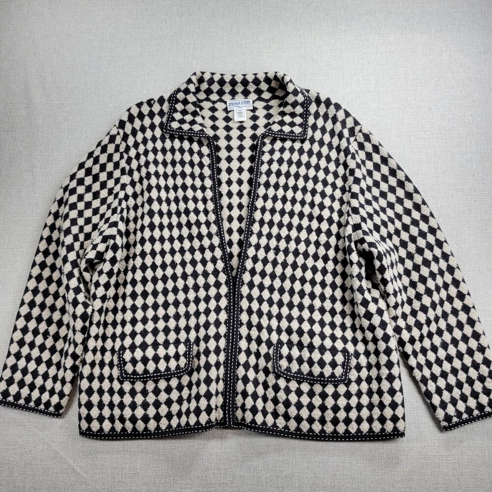 Pendleton‎ Womens Sweater Size 2X Black White Diamond Pattern Wool Blend Zip Up